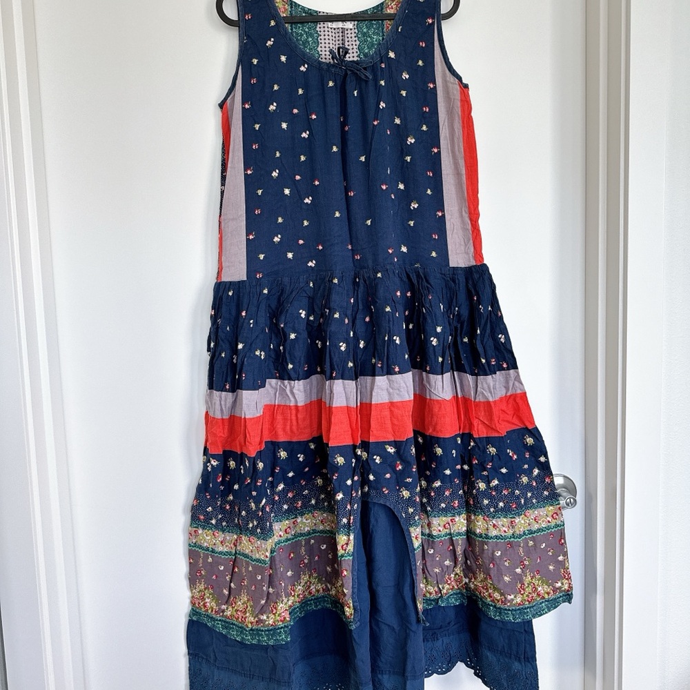 Patchwork Maxi Midi Dress with Floral Patterns - Navy